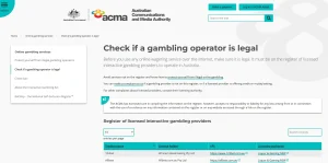 ACMA page showing Australian interactive gambling guidance or licensed provider register