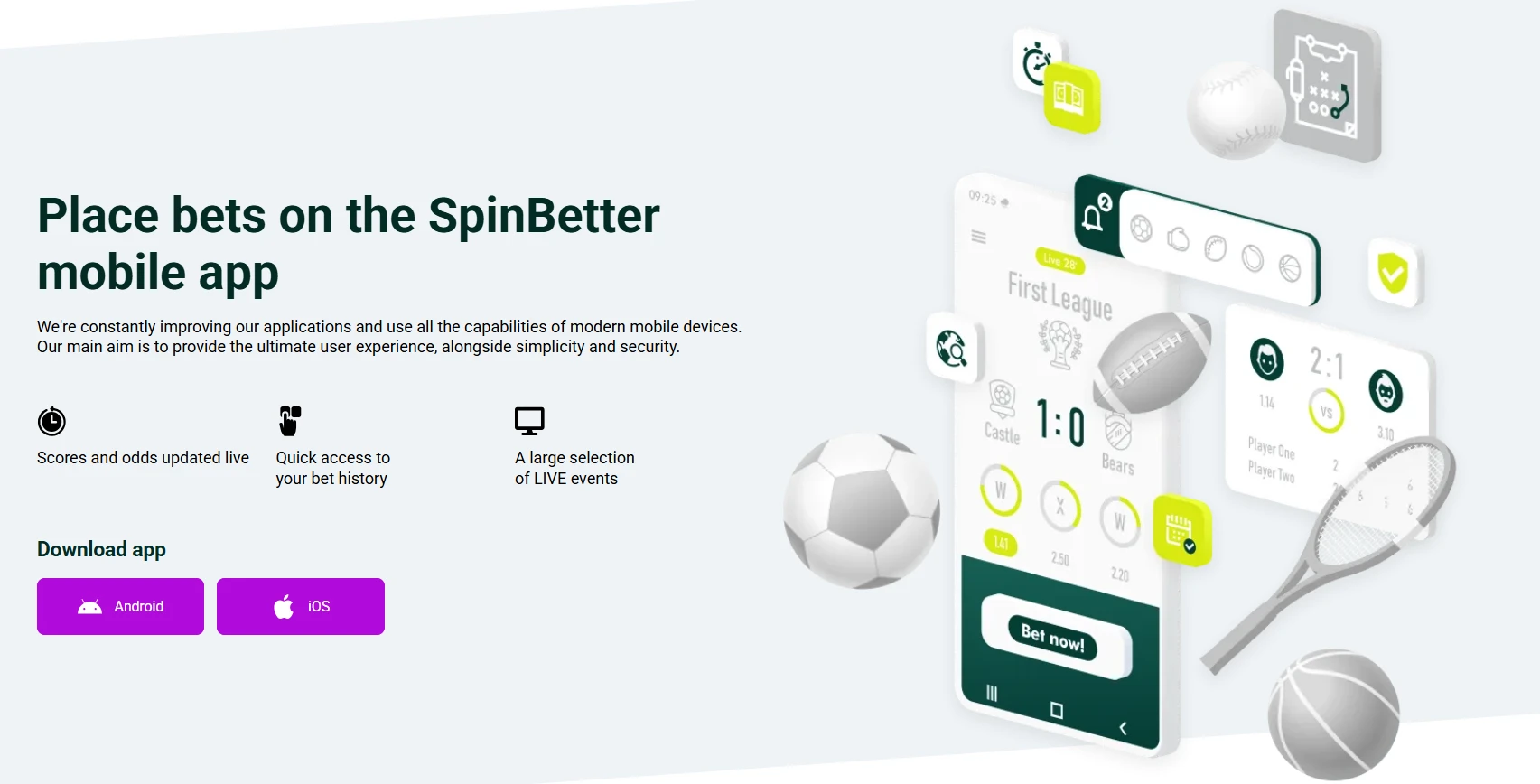 SpinBetter official mobile page with Android and iOS installation options