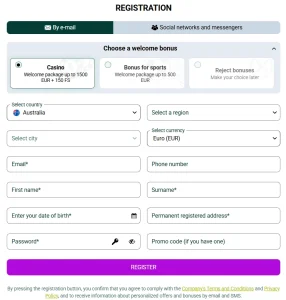 SpinBetter registration form with account and location fields