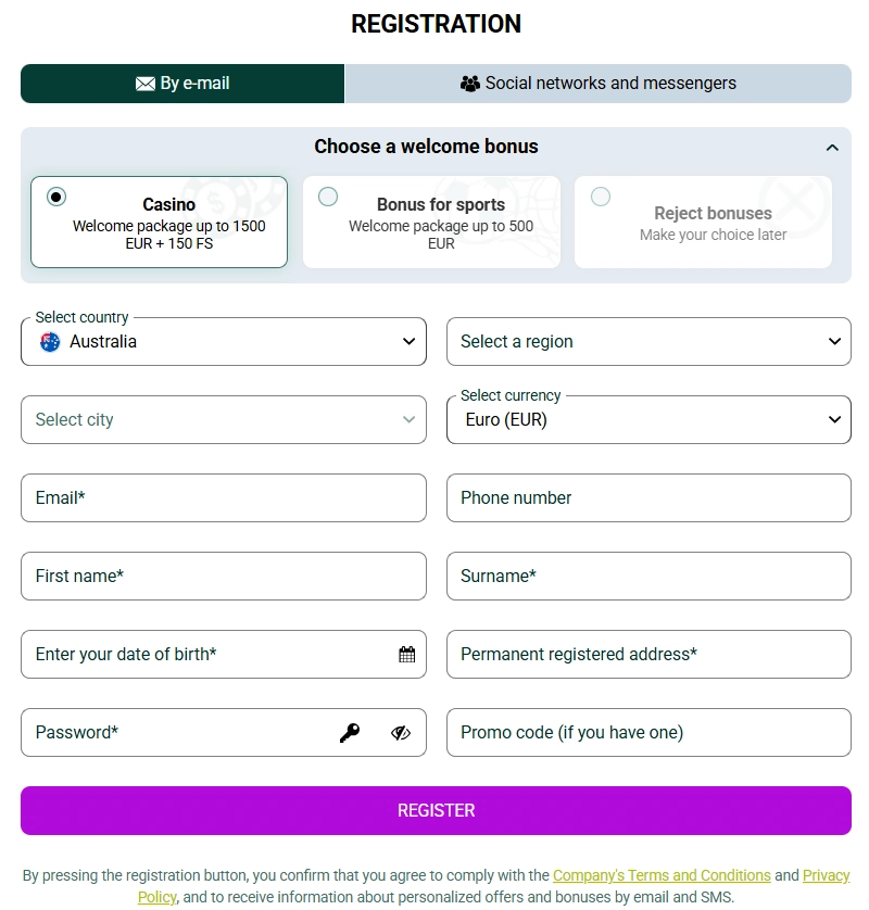 SpinBetter registration form with account and location fields